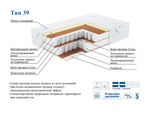Матрас ортопедический ЭОС Премьер Тип 39 140х200
